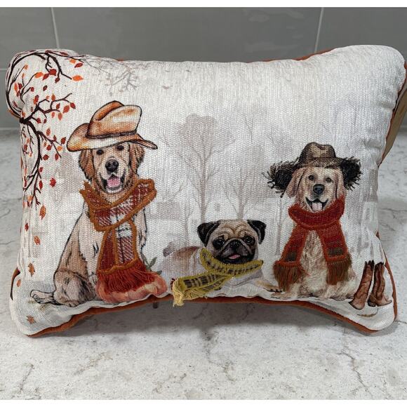 GOLDEN RETRIEVER & PUG DOGS in Cowboy Hats Scarves w/ Boots & Fall Dog Pillow - Picture 1 of 9